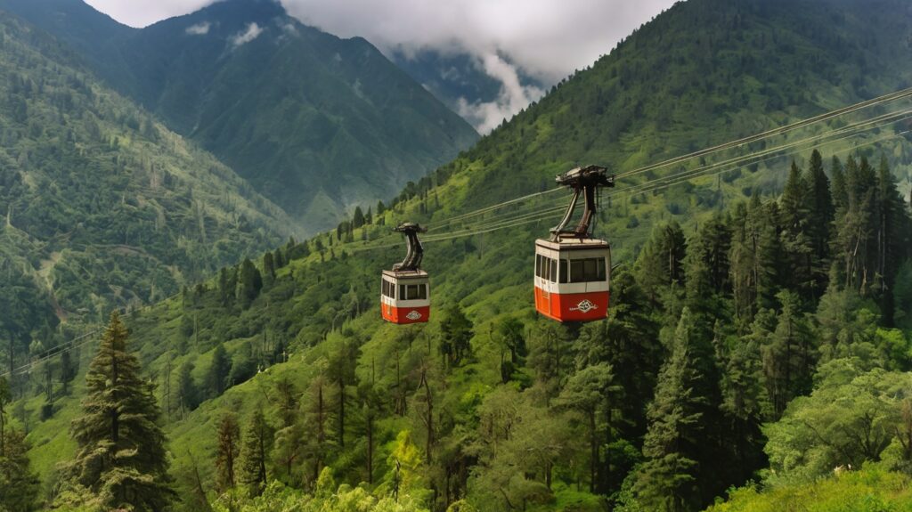 Auli Ropeway – Scenic Cable Car Ride Through the Himalayas A cable car on the Auli Ropeway glides above a lush green forest of tall pine trees, with layers of mist rolling over the misty Himalayan mountains in the distance.