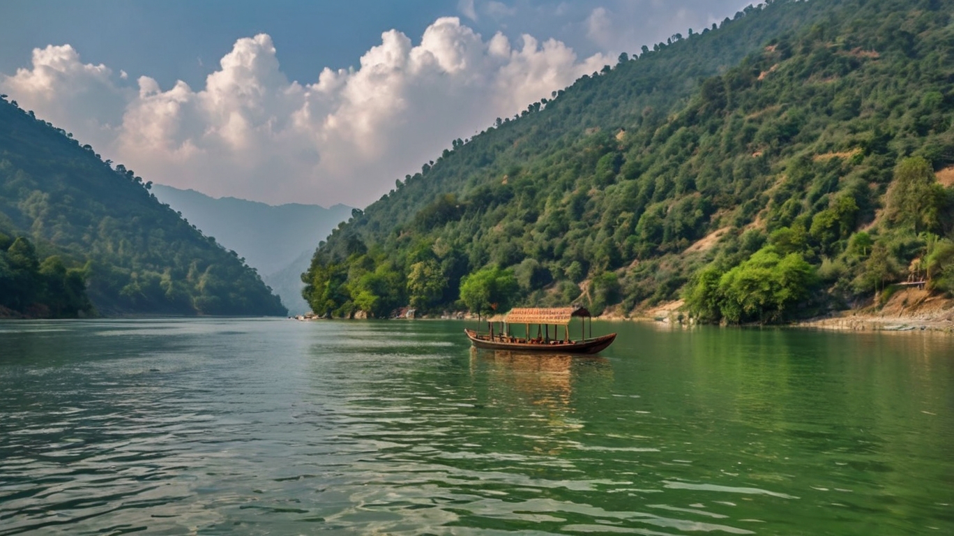 Traditional wooden boat floating on a serene green lake surrounded by forested hills under a partly cloudy sky