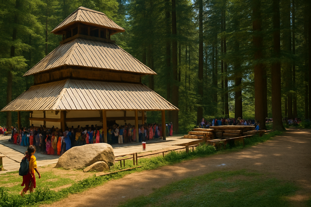 Hadimba Devi Temple in Manali – Tranquil Forest Shrine and Cultural Gem Hadimba Devi Temple nestled in a cedar forest in Manali, with visitors gathered at the traditional wooden structure.