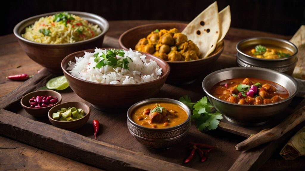 Authentic Indian-Tibetan Fusion Meal with Rajma Chawal, Aloo Paratha & Pahadi Raita A traditional Indian-Tibetan thali featuring rajma chawal, aloo paratha, pahadi raita, and assorted curries served in rustic bowls on a wooden tray.