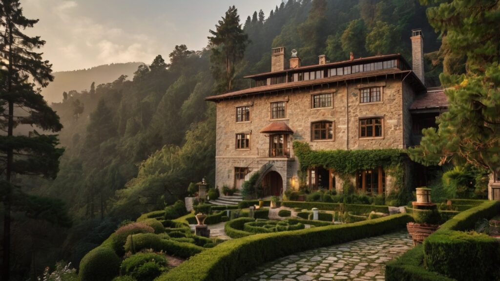 Charming heritage hotel Rokeby Manor in Landour, surrounded by pine forests and manicured gardens during golden hour.