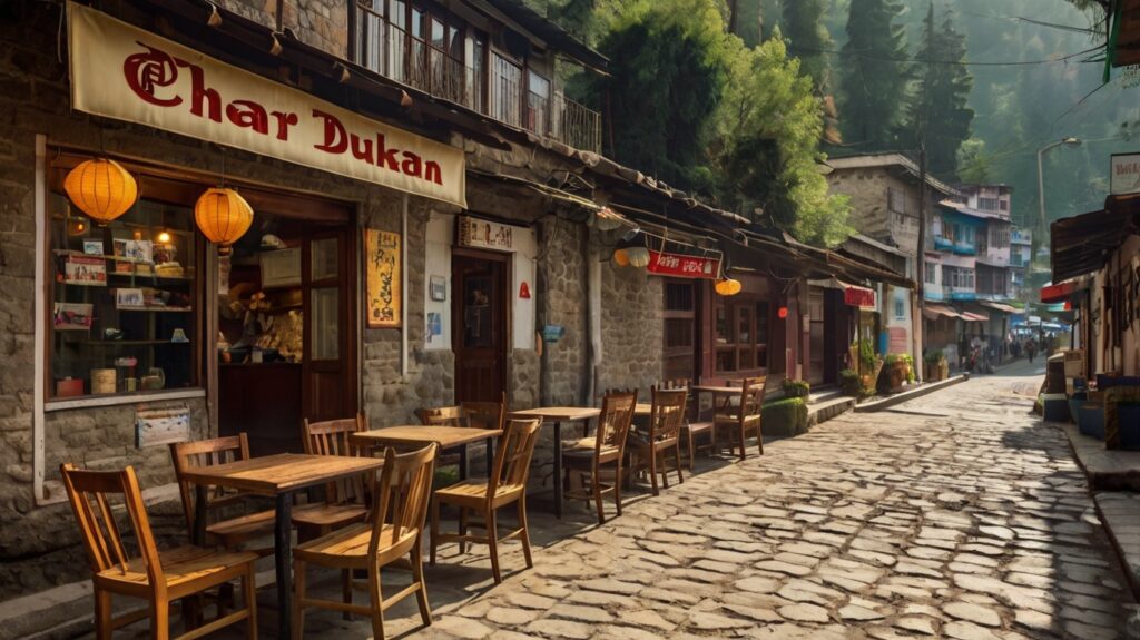 Outdoor seating at Char Dukan in Landour, a historic cluster of quaint cafés welcome visitors with warmth and local charm nestled in the Himalayas.