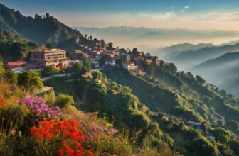 Panoramic view of Mussoorie hill station with colorful flowers, colonial buildings, and misty Himalayan mountains in the background.