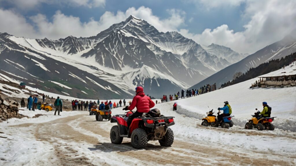 Snow Scooter Rides at Rohtang Pass, Manali – Adventure in the Himalayas Tourists are enjoying riding snow scooters at Rohtang Pass Manali, surrounded by snow-covered scenic Himalayan mountains in the background..