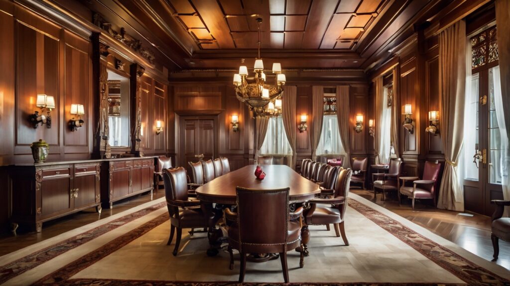 Luxury Heritage Boardroom at The Himalayan Hotel, Manali Elegant luxury hotel boardroom with polished wood interiors, vintage chandeliers, leather chairs, and large curtained windows at a high-end heritage hotel in Manali.