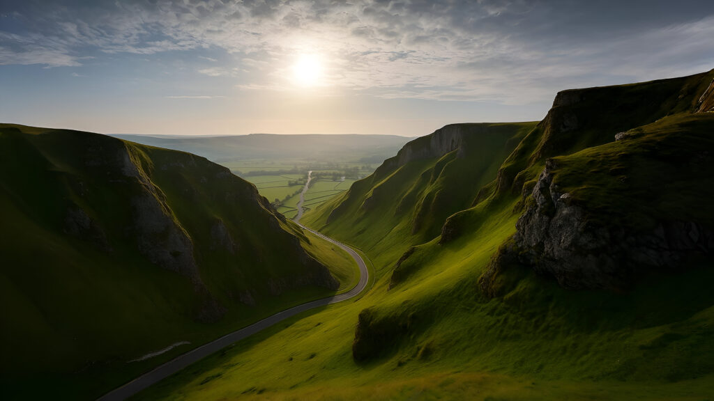 A mesmerizing view of The Silent Valley in Nainital and Bhimtal with a winding road weaving through emerald green hills and rocky cliffs beneath a dramatic sky.