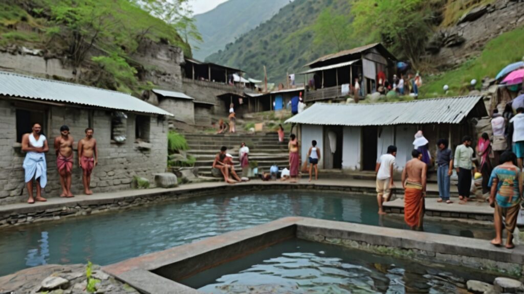Vashisht Hot Springs, Manali – Natural Bathing Pools in the Himalayas Tourists relaxing and bathing in the natural geothermal pools of Vashisht Hot Springs near Manali, surrounded by traditional stone structures and lush Himalayan hillside.