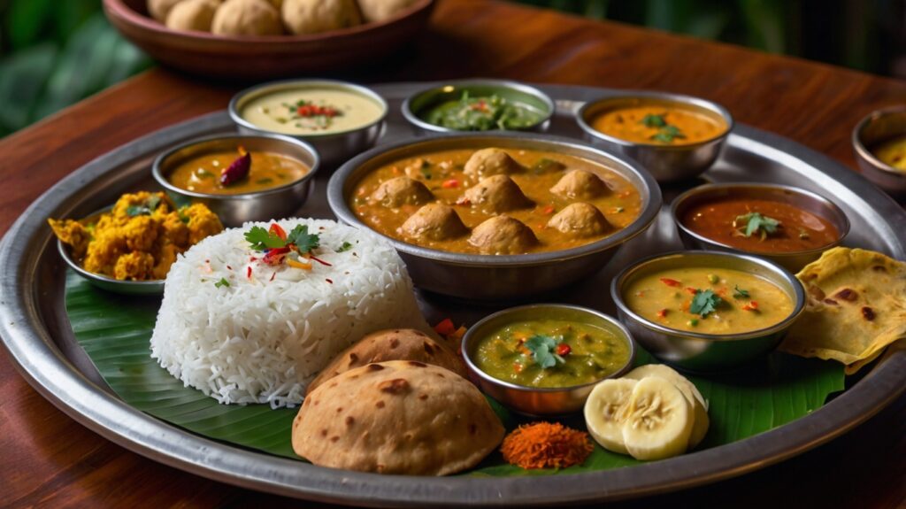 An authentic Indian vegetarian thali served on a banana leaf with rice, chapati, dal, curry, sabzi, and condiments.