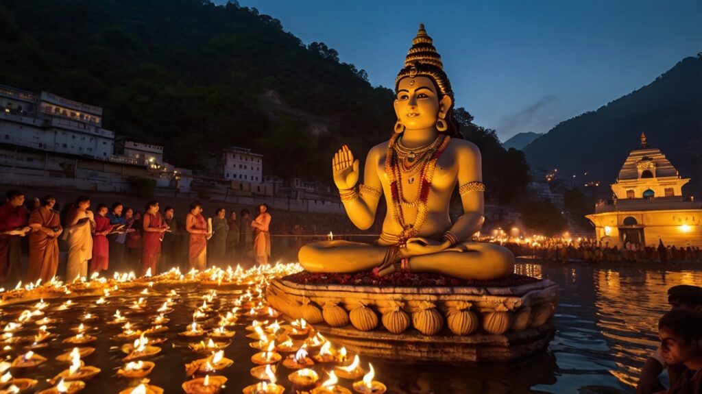 Devotees perform Ganga Aarti near a large Lord Shiva statue in Rishikesh during a peaceful evening ceremony.
