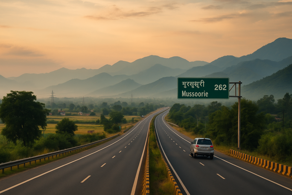 Scenic highway to Mussoorie with road sign in Hindi and English, surrounded by lush greenery and distant Himalayan hills at sunset
