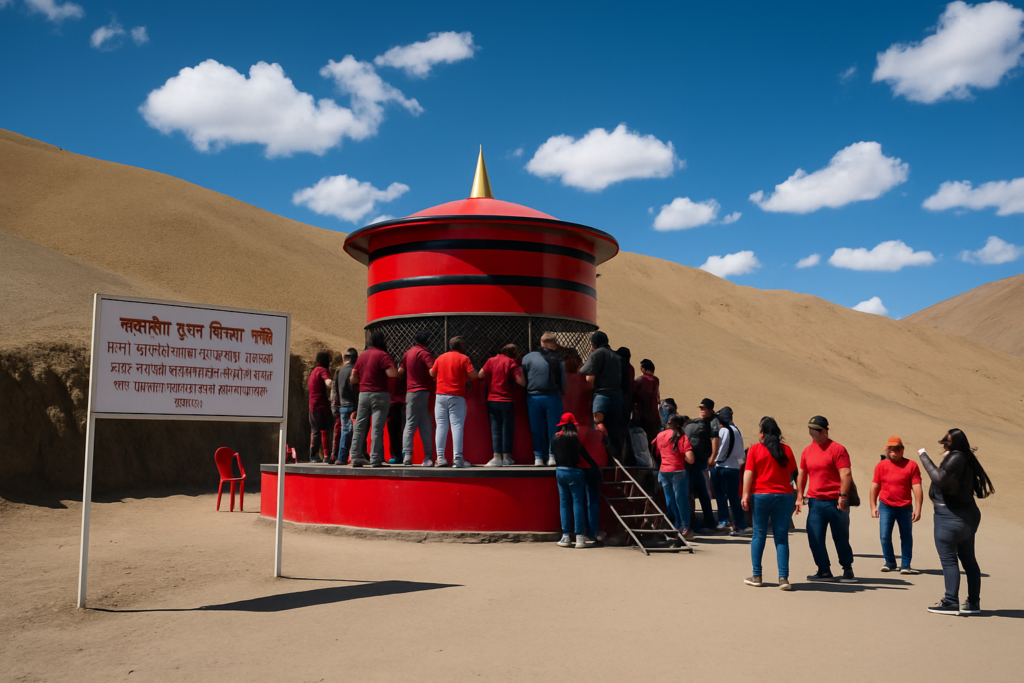 Hikkim Post Office – A Remote Himalayan Landmark and the Highest Post Office in the World, Tucked Away in Spiti Valley Travelers visiting the iconic red cylindrical structure of the world's highest post office in Hikkim village, nestled amid the rugged Himalayan terrain of Spiti Valley, under a brilliant blue sky