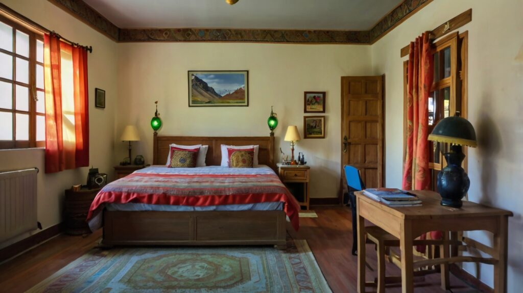 Comfortable Heritage-Style Bedroom at Hotel Deyzor, Spiti Valley Warm and inviting bedroom at Hotel Deyzor, Kaza – featuring Himachali décor, handcrafted wooden furniture, mountain views, and cozy interiors perfect for a peaceful stay in Spiti Valley.