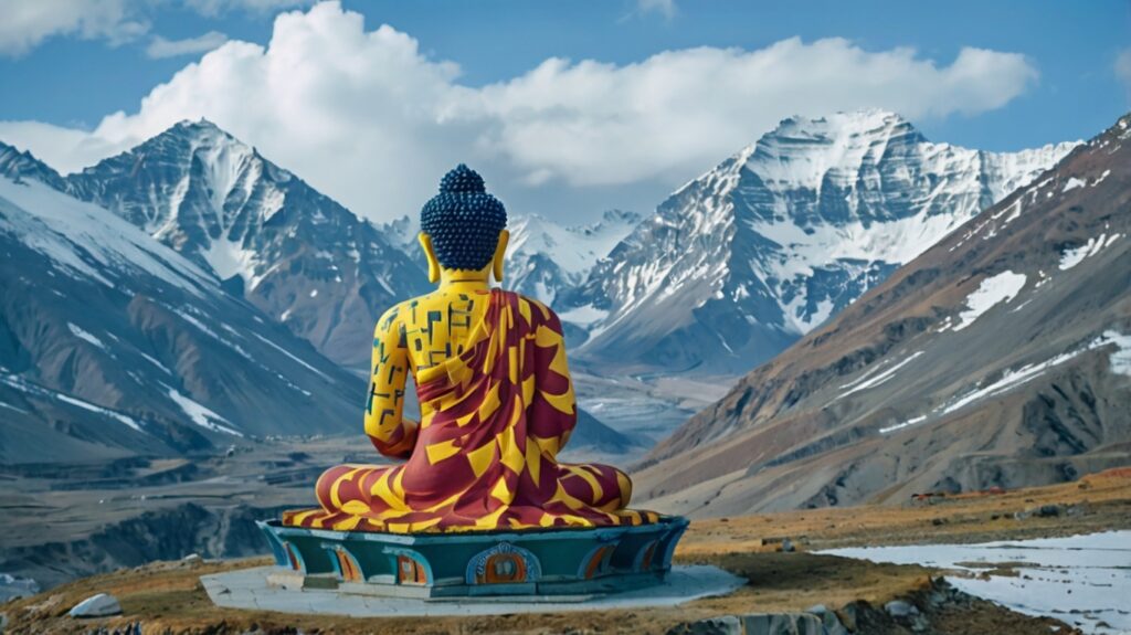 Langza Buddha Statue in Spiti Valley – A Majestic Himalayan Icon of Peace "The vividly painted Langza Buddha Statue gazes peacefully over the snow-covered Himalayan mountains in Spiti Valley, Himachal Pradesh."