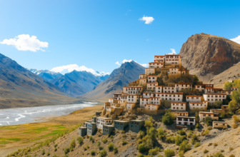 Key Monastery perched on a hilltop in Spiti Valley, surrounded by the majestic Himalayas under clear daylight