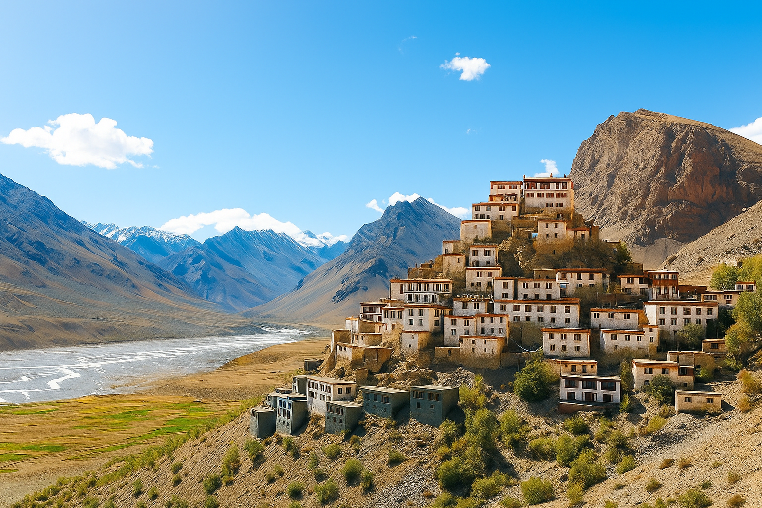 Key Monastery perched on a hilltop in Spiti Valley, surrounded by the majestic Himalayas under clear daylight